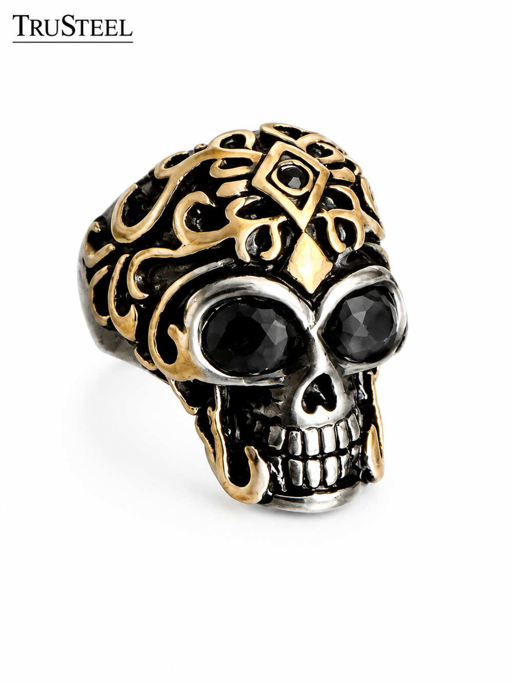 Gothic Skull Ring Black CZ Eyes Gold 316L Stainless Steel Biker Punk Size 10